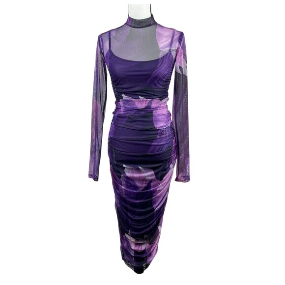 Akira Women's Bodycon Midi Dress Small Purple Abstract Mesh Ruched Long Sleeve - Picture 1 of 12